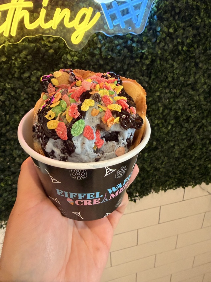 Bubble waffle sundae cup with fudge and Fruity Pebbles